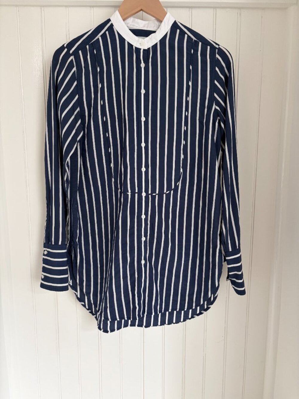 J.Crew Tuxedo Bib Striped Tunic Shirt — Navy White Band Collar, XS